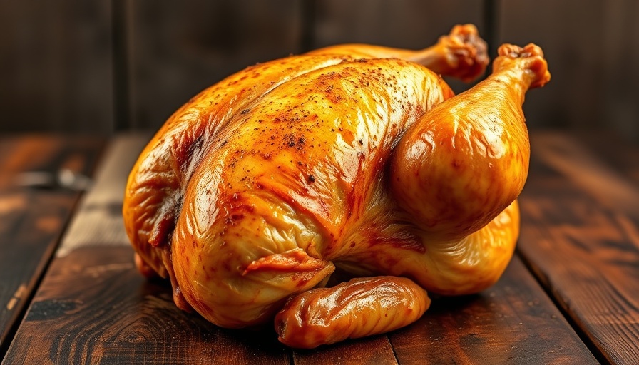 Golden roasted chicken, ideal for July grilling recipes, on a rustic table.