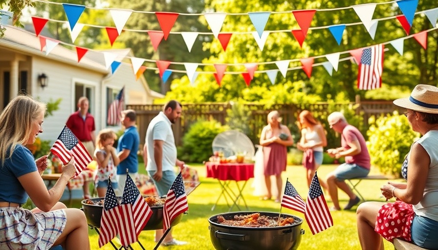 Festive July 4th BBQ gathering with American flags and decorations.