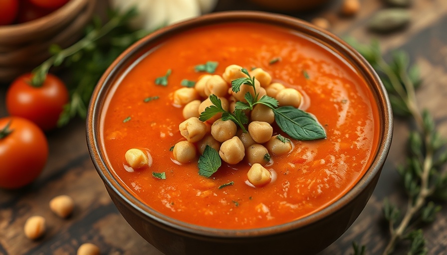 Creamy vegan tomato soup garnished with chickpeas and herbs.