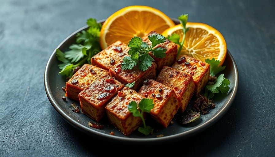 Vegan Orange Miso-Glazed Tofu with greens and oranges on a plate.