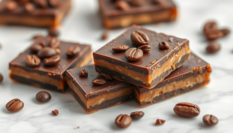 No-bake vegan chocolate espresso caramel bars with coffee beans.