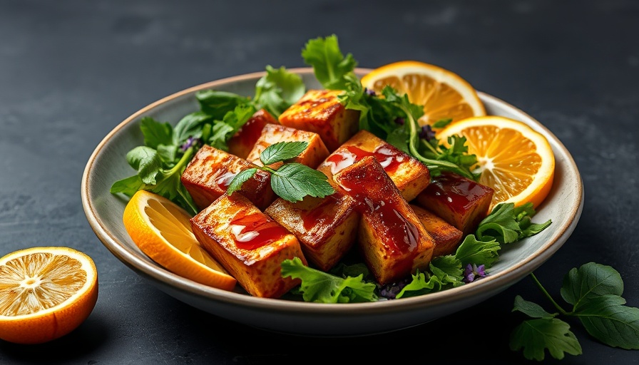 Orange miso-glazed tofu with salad elegantly plated.