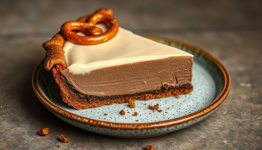 Vegan chocolate pretzel pie slice on a ceramic plate