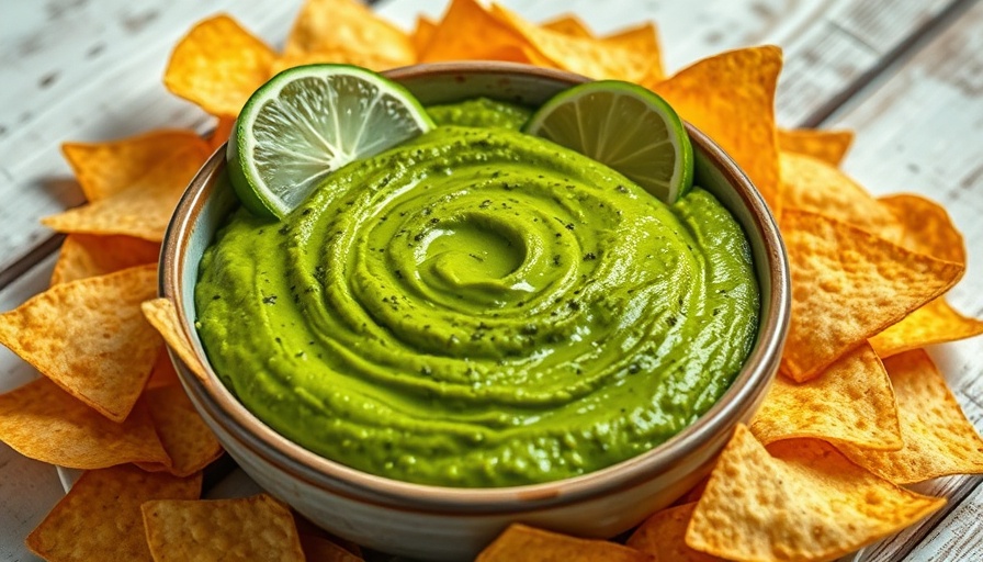 Healthy Vegan Green Goddess Dip with tortilla chips on rustic table.