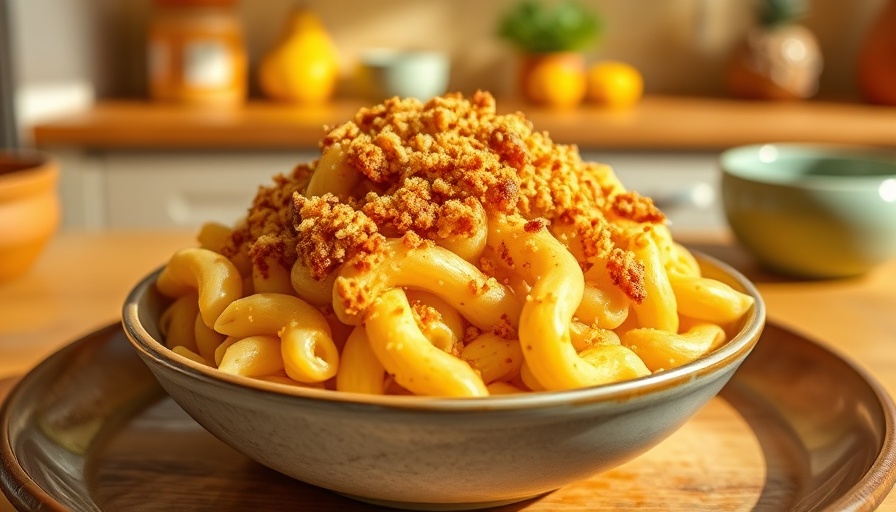 Smoked Miso Vegan Mac and Cheese topped with breadcrumbs.