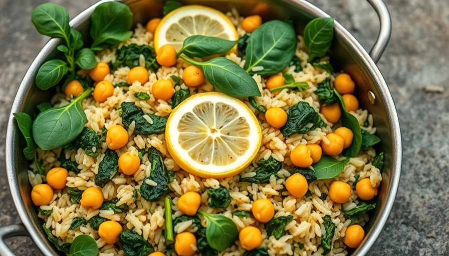 Vegan spinach chickpea lemon pilaf served in a rustic pan on stone.