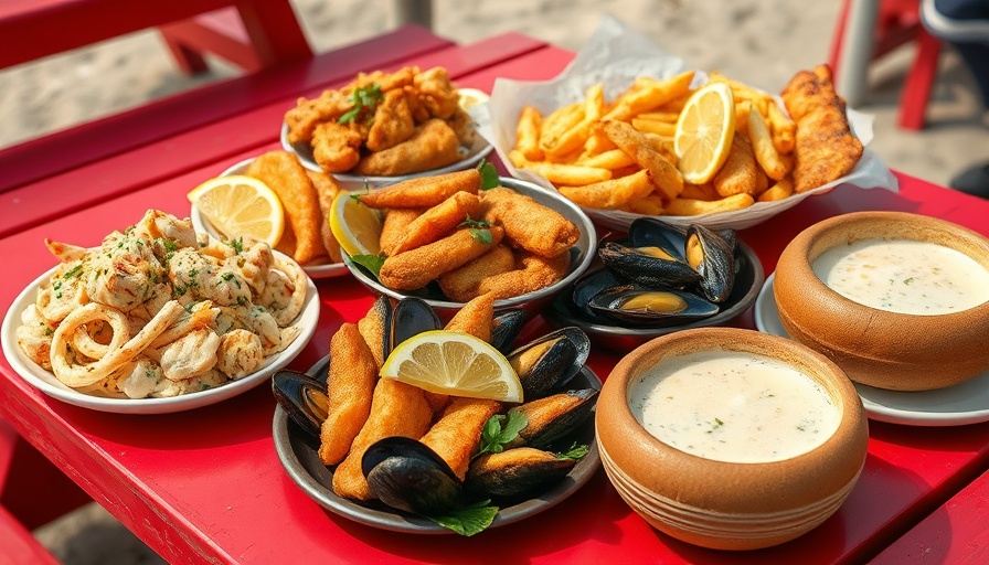 Delicious seafood on red picnic table, perfect beachside meal.