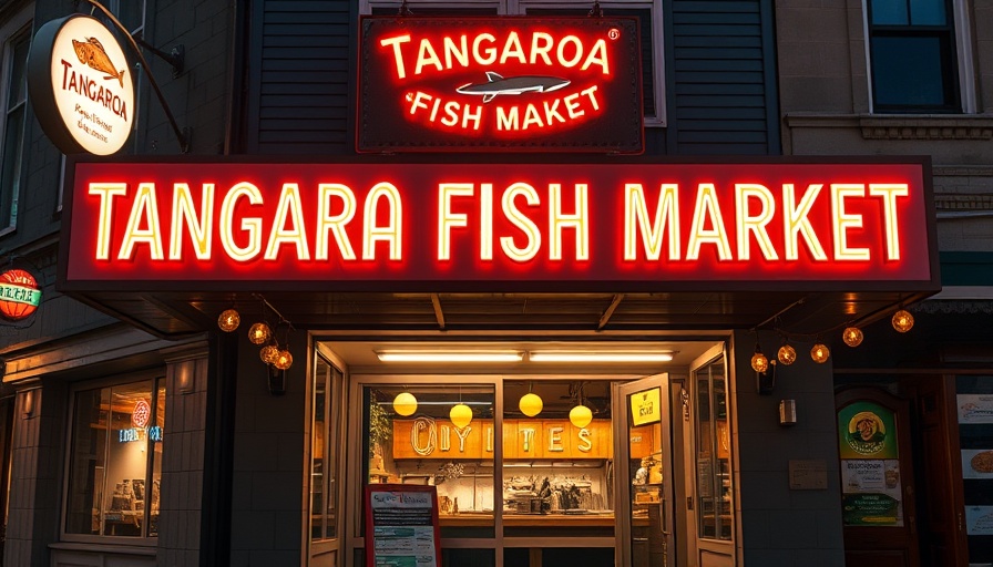 Tangaroa Fish Market at night with neon sign and street view.