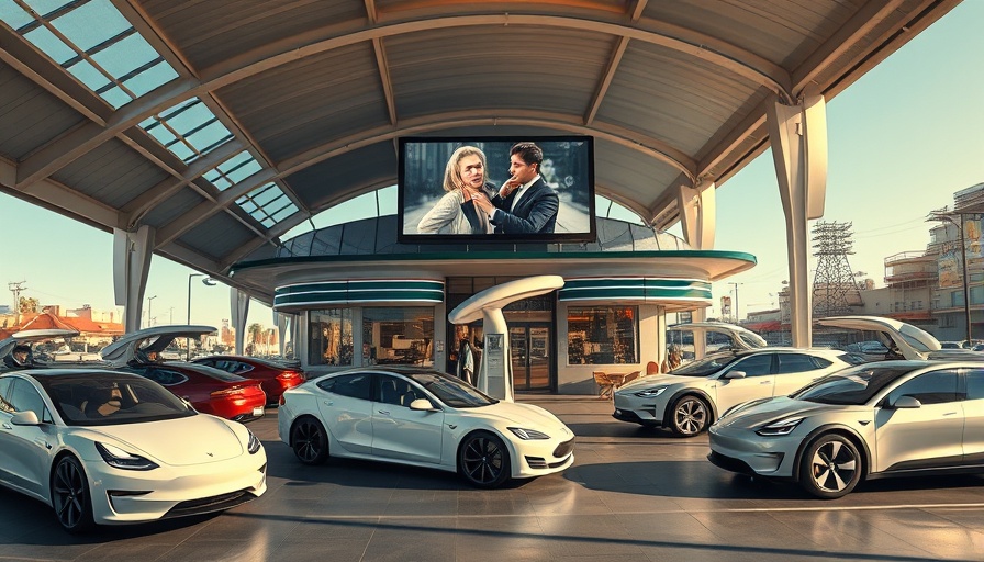 Futuristic Tesla diner with electric cars and large movie screen, sunny day.