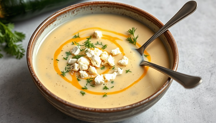 Roasted zucchini soup with feta in rustic bowl.