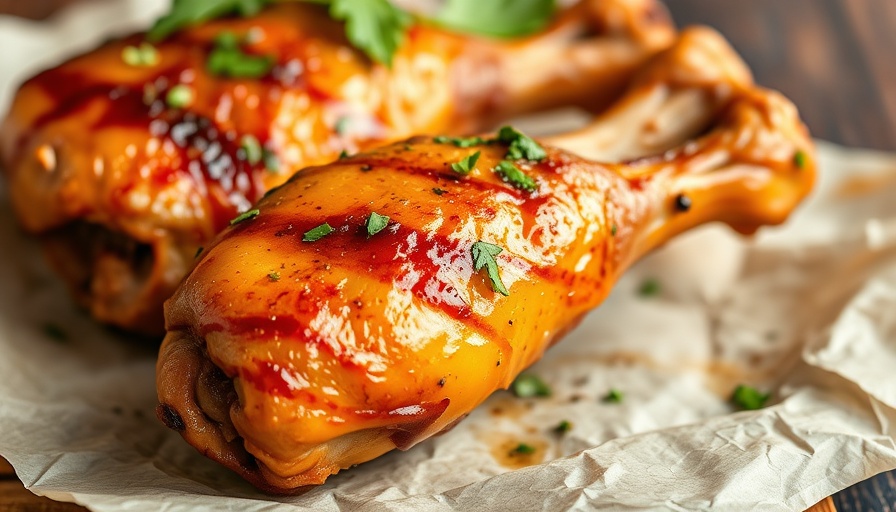 Thai chicken drumsticks garnished with herbs on parchment.