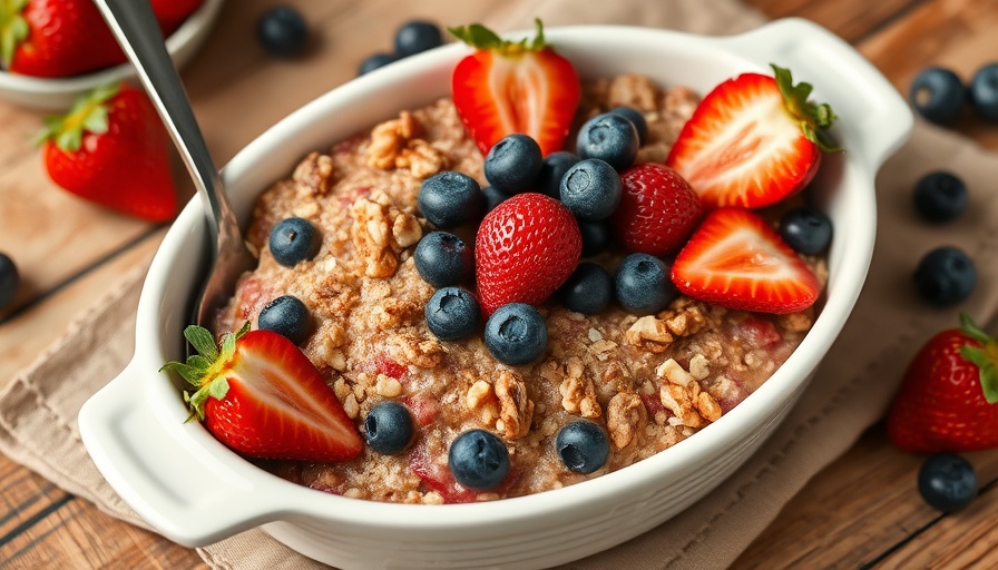 Baked Berry Oatmeal with Walnuts in a white dish, topped with strawberries and blueberries.
