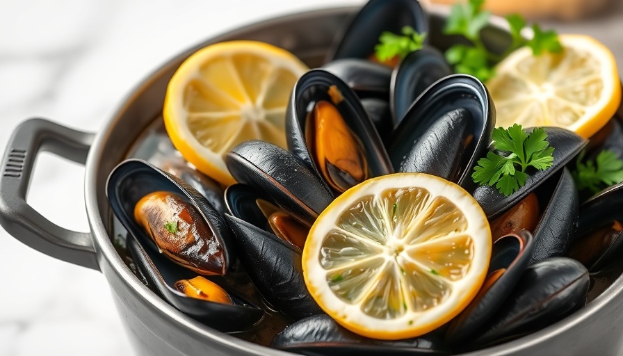 Appetizing mussel pot with lemon and parsley garnishing.