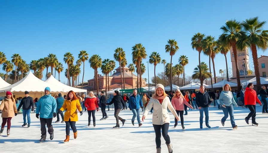 Ice skaters enjoying an ice rink in Southern California sunshine.