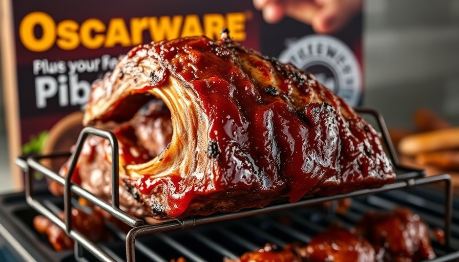 Close-up of grilled ribs on an Oscarware XL Rib Rack, showcasing texture and packaging.