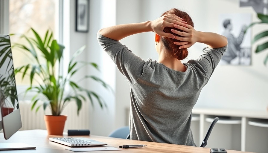 Woman stretching to reduce fibromyalgia sitting pain in home office.