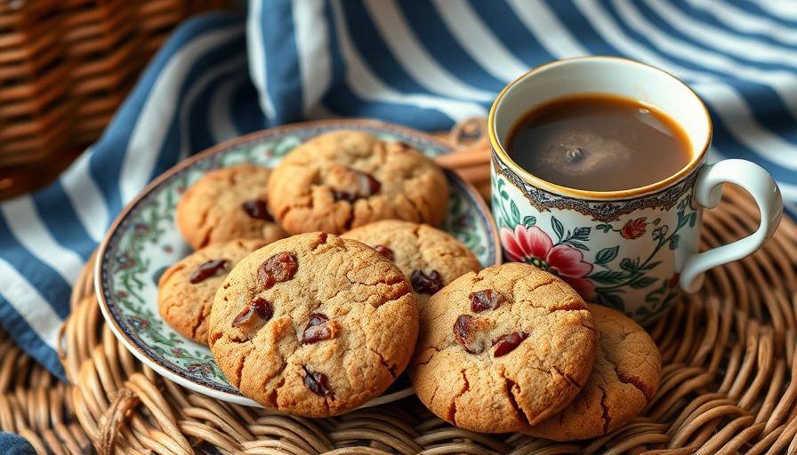 Cinnamon raisin cookies with coffee on ornate plate.