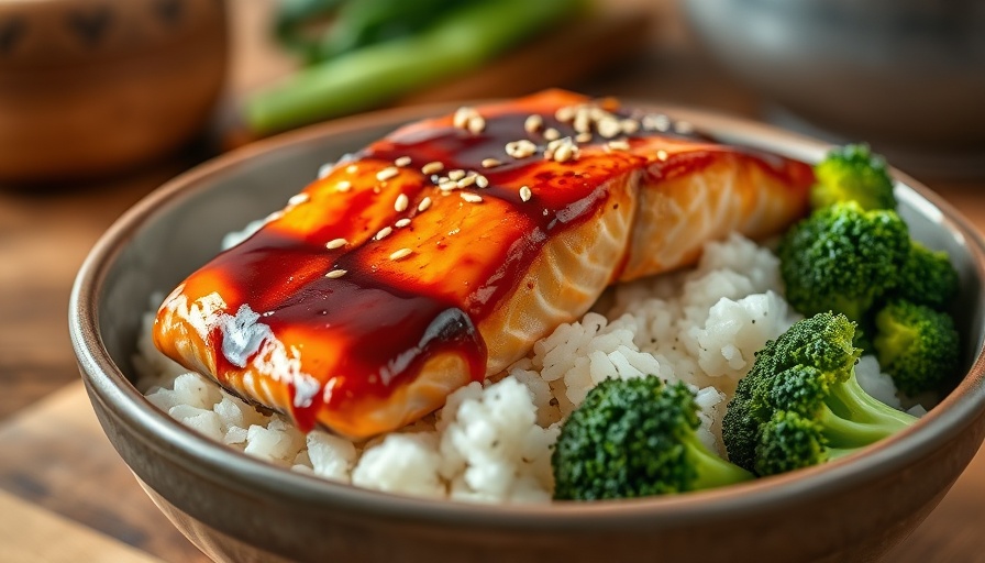 Teriyaki Salmon Recipe with sesame seeds on rice and broccoli.