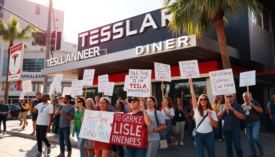 Protest scene outside Tesla Diner in Los Angeles