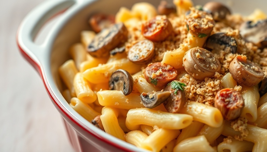 Vegan cashew mac and cheese with lobster mushrooms in a dish.