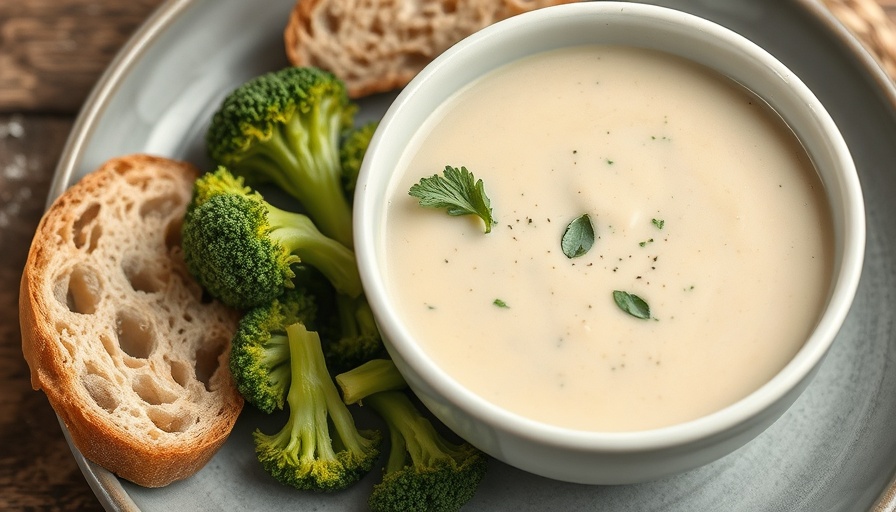 Creamy vegan soup with broccoli and bread in a white bowl.