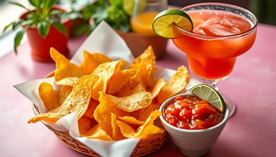Authentic Mexican dining setup with chips, salsa, and margarita.