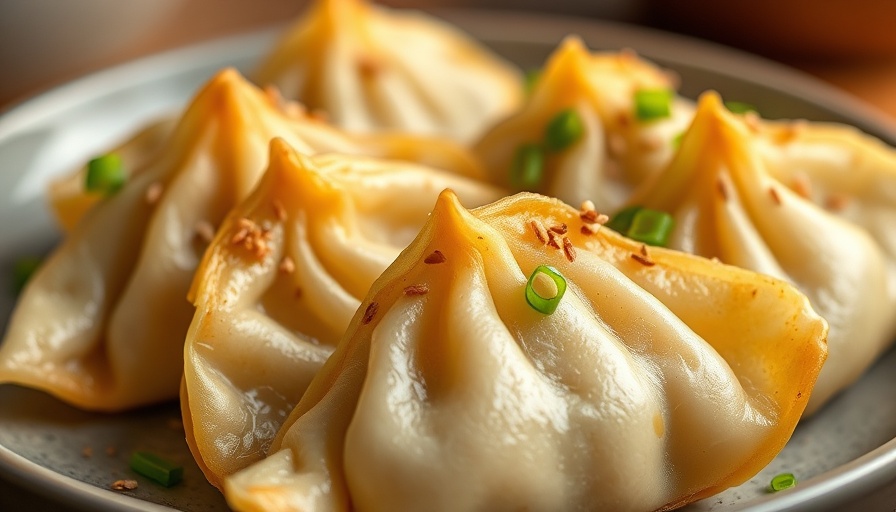 Close-up of homemade pan-fried dumplings on a ceramic plate.
