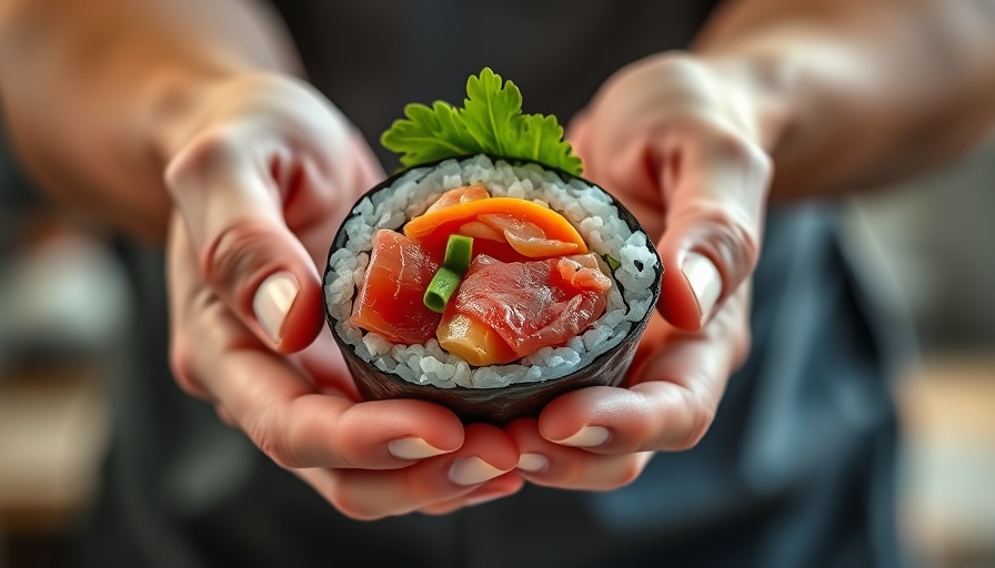 Fresh sushi hand roll in hands at Los Angeles hand roll bars.