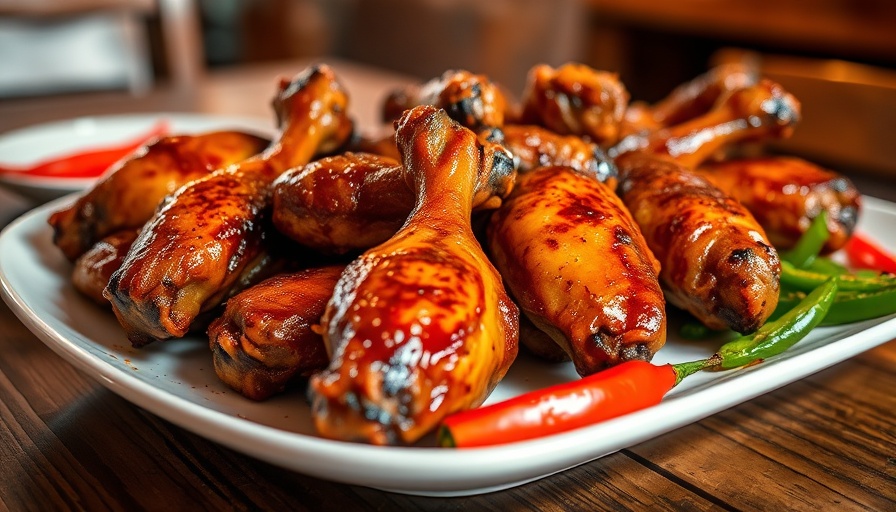 Grilled chicken wings with sauce and peppers, seasonal grilling recipes in August.