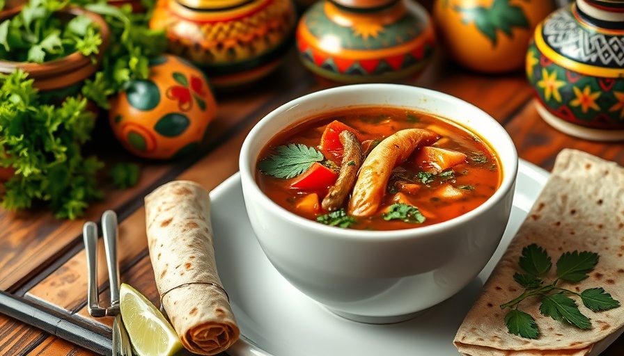 Delicious Mexican caldo in a bowl with garnishes, tortilla, and lime.