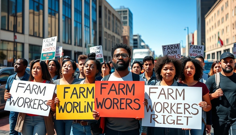 Protesters supporting California farm workers' rights in urban setting.