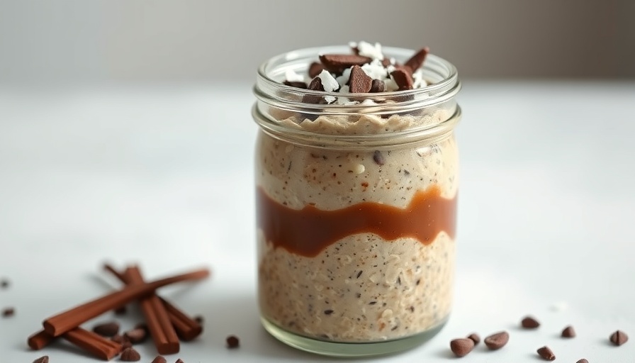 Vegan mocha caramel overnight oats in a stylish glass jar.