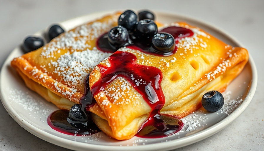 Healthy cheese blintz recipe with blueberry sauce on a plate.