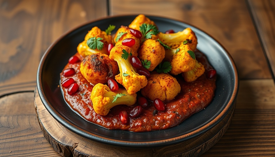 Curried Cauliflower with Muhammara garnished with pomegranate seeds and herbs.