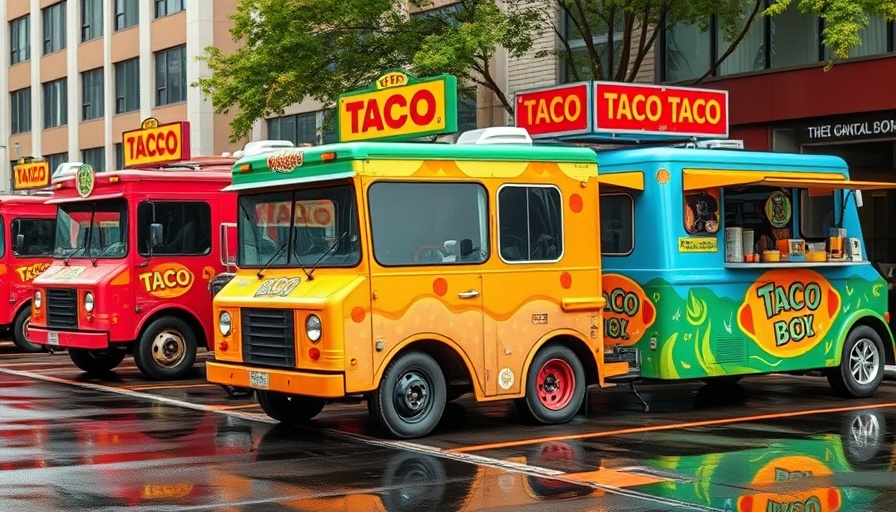 Colorful taco trucks parked in Los Angeles street