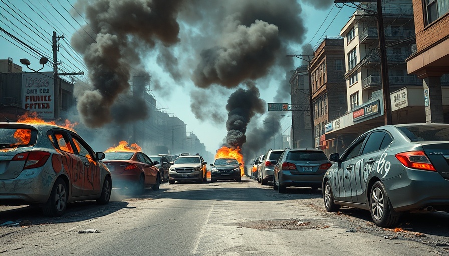 Chaotic scene of burning cars in Los Angeles with smoke and fire.