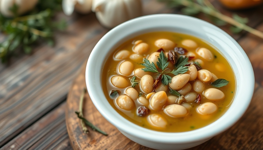 Garlicky Butter Bean Soup in white bowl with herbs and seeds.