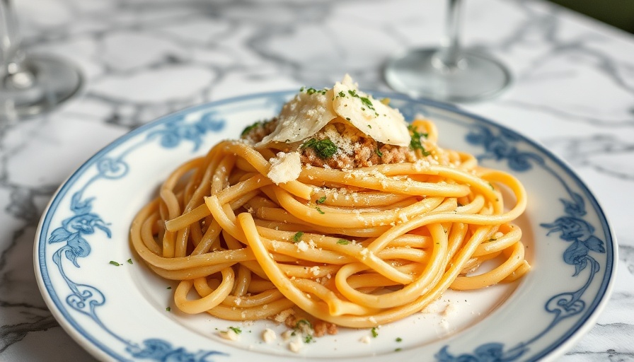 Gourmet pasta dish on porcelain plate at top Beverly Hills restaurant.
