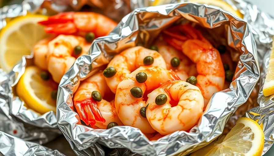 Shrimp piccata foil packets with lemon and capers in vibrant presentation.