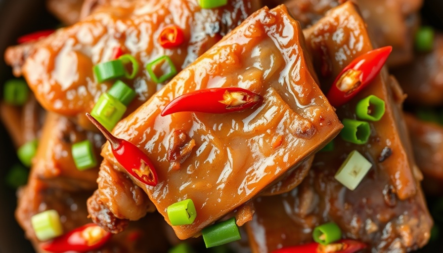 Appetizing steamed pork ribs with vibrant garnishes, top view.