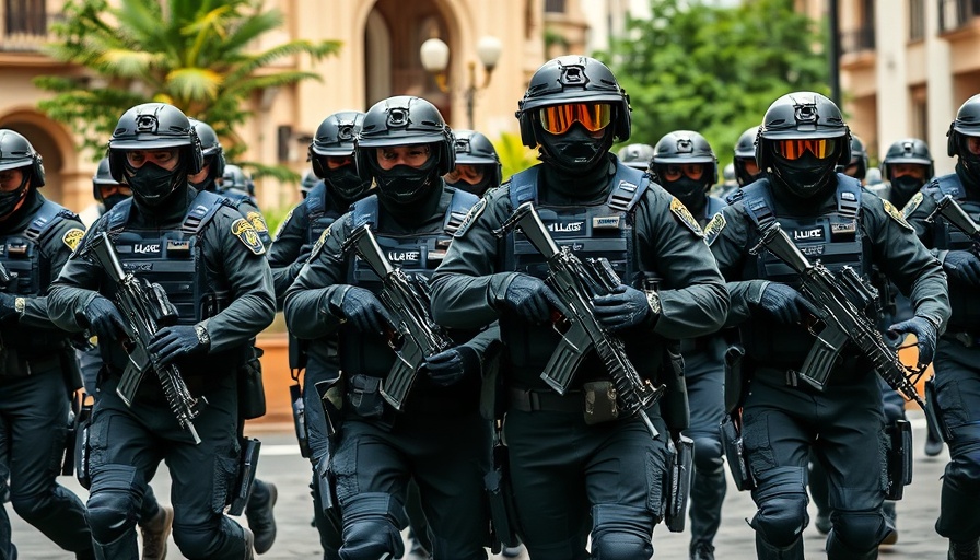 Group of officers in tactical gear during ICE raids in Southern California.