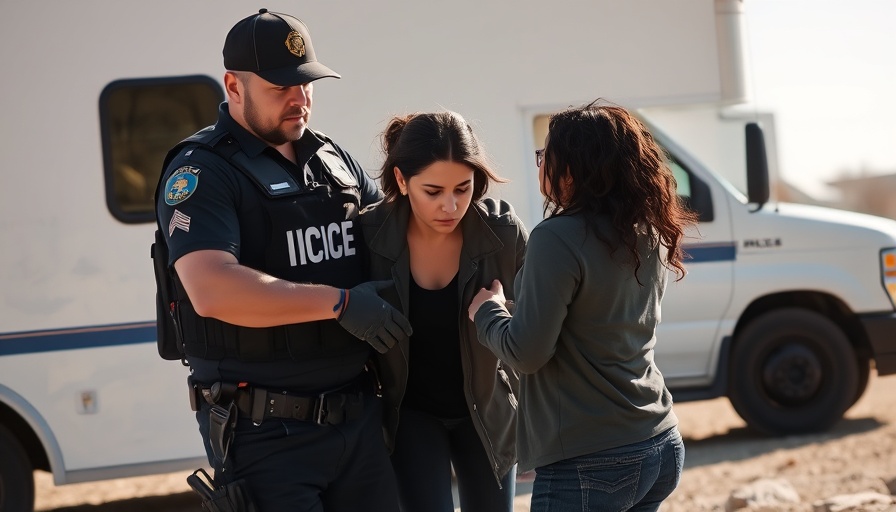ICE raids in Southern California: An agent detaining a woman by a white truck.