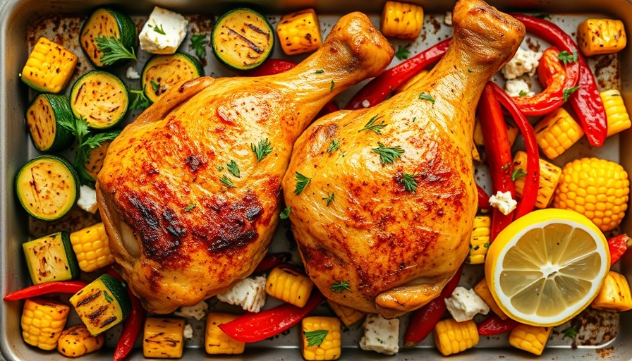Oven-baked chicken drumsticks with vegetables on a sheet pan.
