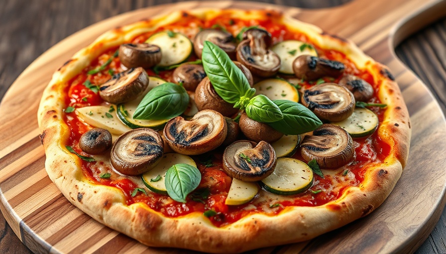 Plant-Based Mushroom and Truffled Zucchini Pizza on wooden board.