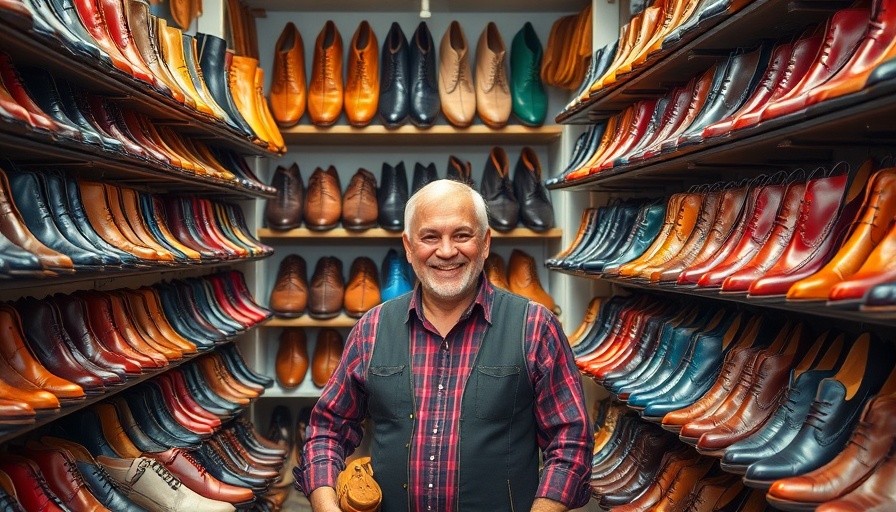 Shoe store interior with smiling man surrounded by leather footwear.