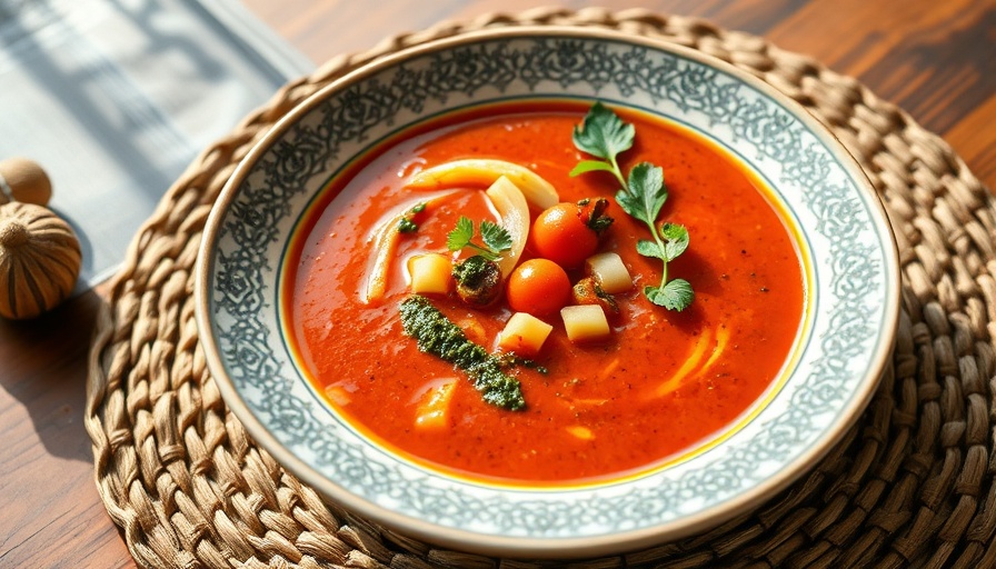 Roasted tomato, onion, and fennel soup with pesto in a decorative bowl.