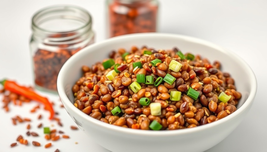Sesame soy Korean-inspired lentils with garnish and spices.