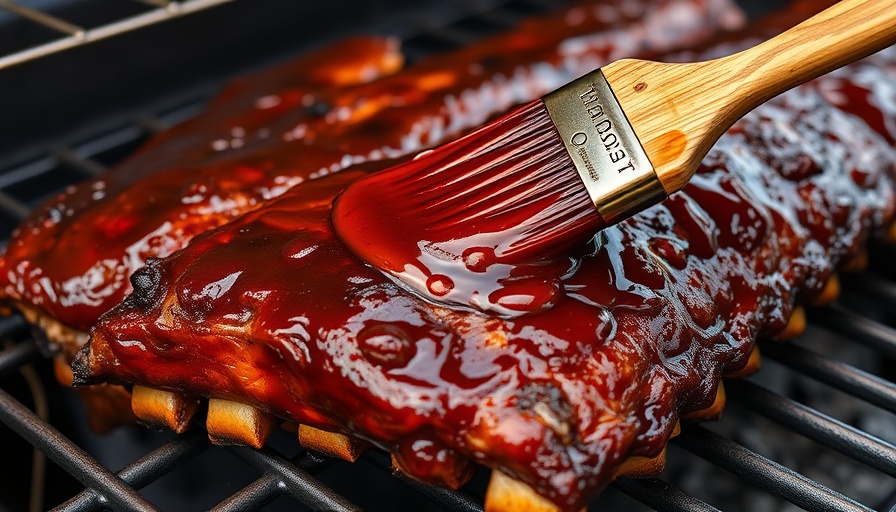 Juicy ribs on grill being brushed with sauce using the 3-1-1 rib cooking method.