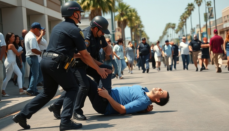 ICE Raids in Southern California, man being apprehended by officers on a street.