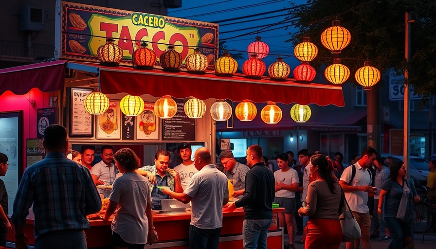 Bustling Altadena taco stand at night with colorful lights